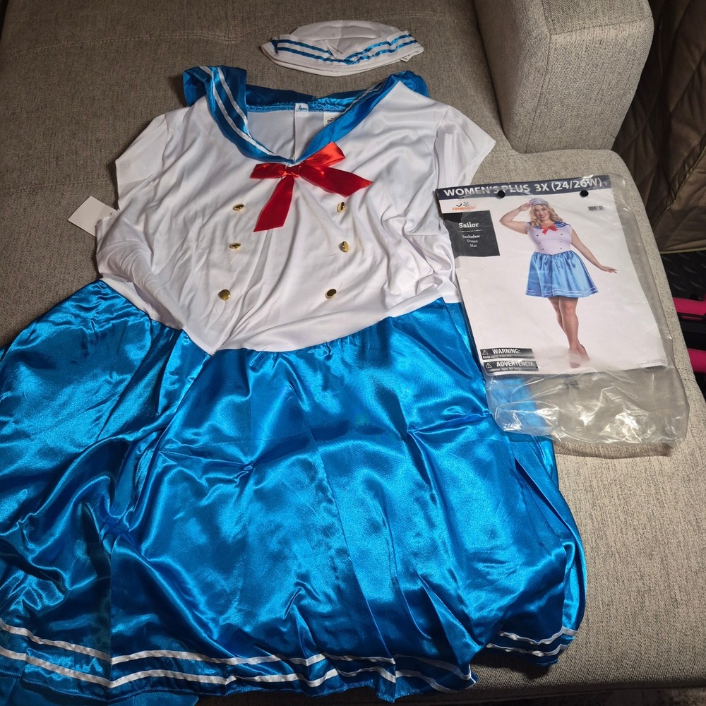 Celebrate Sailor Costume Womens Plus 3X 24/26W White Blue Dress and Hat Set
